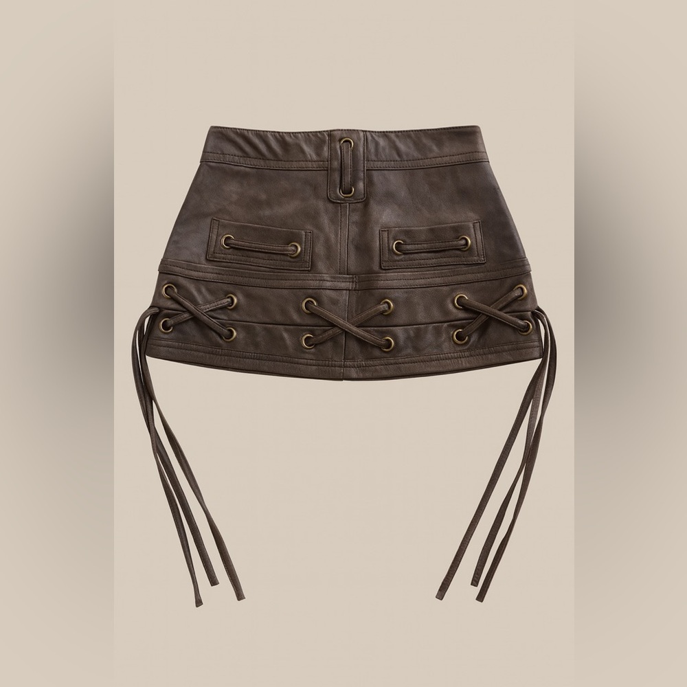 Fashion Nova Brown Faux Leather Lace Up Mini Skirt Moto Y2K XS NWT - Picture 5 of 8
